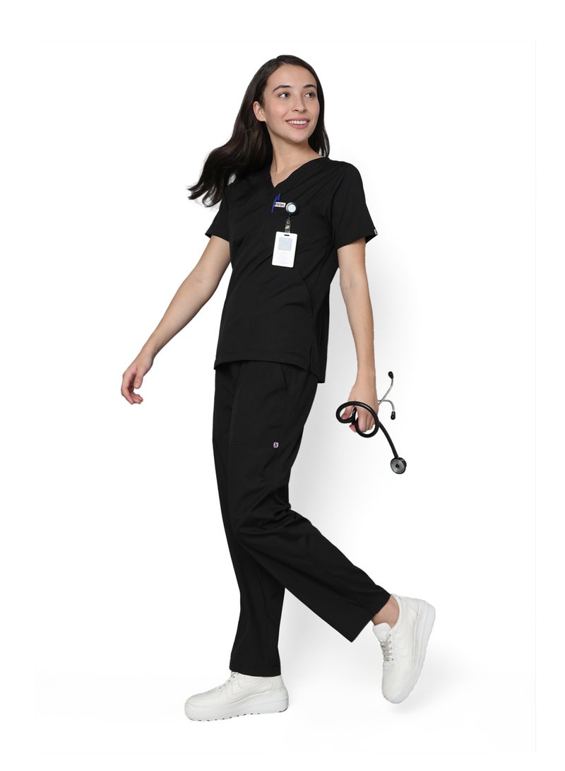 KNYA Classic Women's 5-Pocket New Gen Scrubsuit | V Neck | Flexibile & Comfortable Top & Bottom | Easily Accessible Pockets | Uniform for Doctors | Black (L) - Image 1